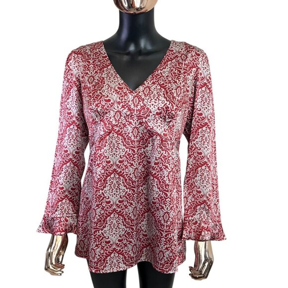 Sundance 100% Silk Red Damask Floral Blouse 10P - Picture 3 of 11